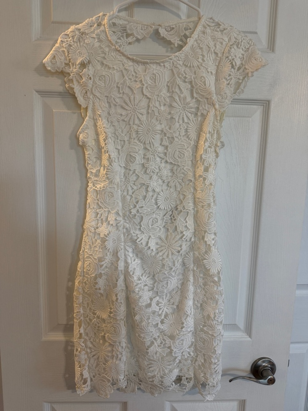 Lulu's White Floral Lace Cap-Sleeve Midi Dress Fitted with Open Back